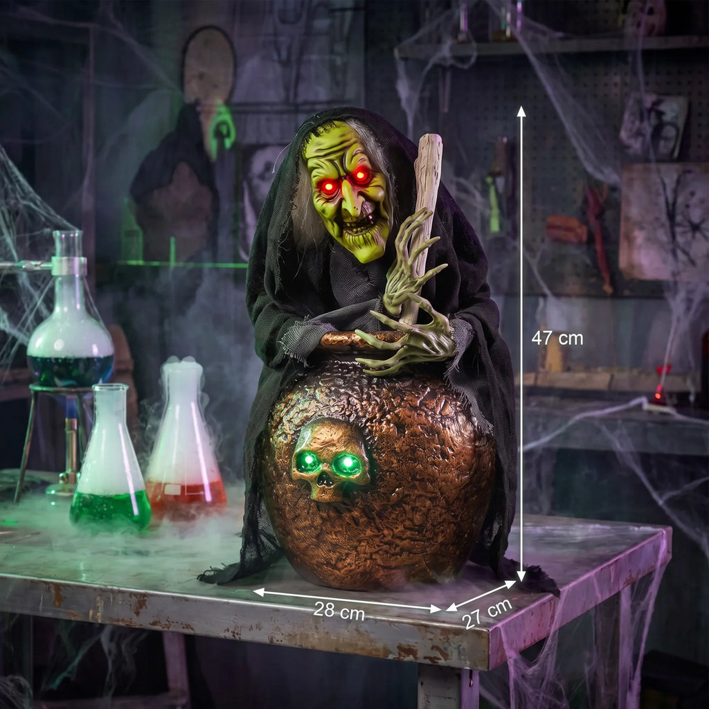 47cm Animated Halloween Witch with Stirring Cauldron, Sound and Touch Activated Tabletop Decoration with Red and Green LED Lights, Creepy Cackling Witch Prop for Indoor Party, Mantel, Shelf, Kitchen Counter and Haunted House