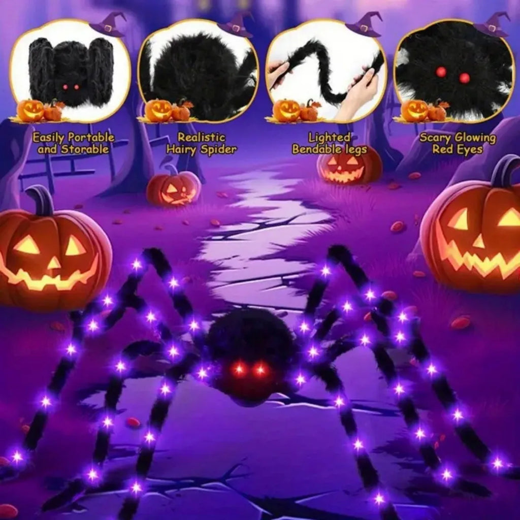 1 Stück Halloween-Riesenspinne, flauschig und schwarz, mit violetten LEDs, batteriebetrieben, 8 Leuchtmodi, für die Innen- und Außendekoration von Veranden