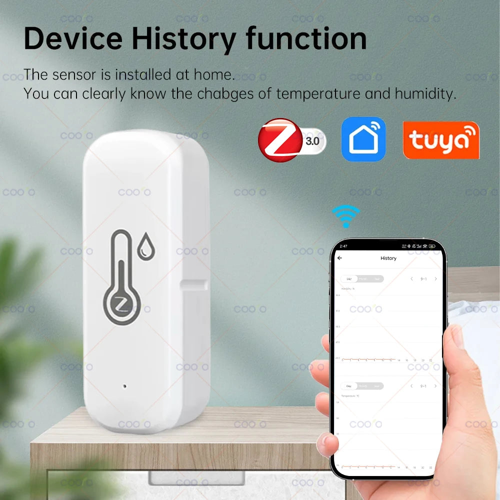 Sensor de temperatura y humedad Zigbee Tuya para el hogar inteligente, termómetro e higrómetro de interior con monitorización mediante app, compatible con Smart Life y Zigbee2MQTT