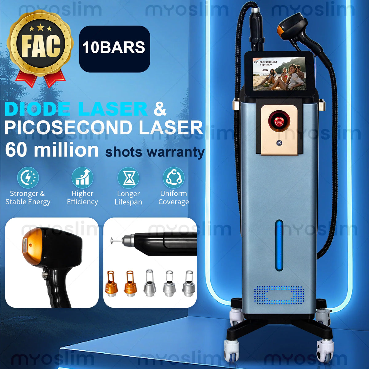 Dioden-Haarentfernung, 4 Wellenlängen, Pico-Tattooentfernungsgerät, 755 nm, FAC-Kollimation, Eiskühlsystem, faltbares Touchdisplay