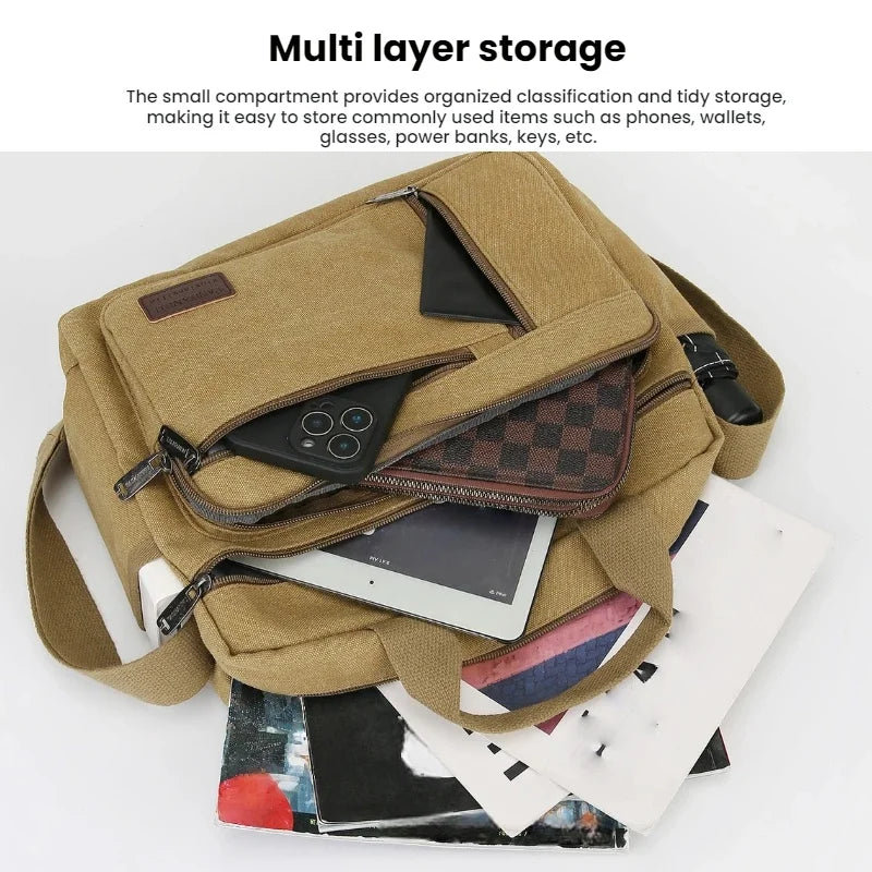 Men’s Canvas Shoulder Bag with Multiple Pockets