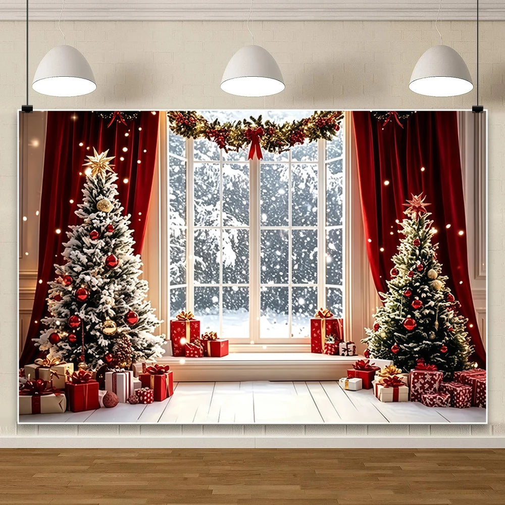 Yeele Christmas Photography Background Red Curtains Wreath Decor Window Xmas Trees Girls Birthday Wedding Party Photo Backdrop