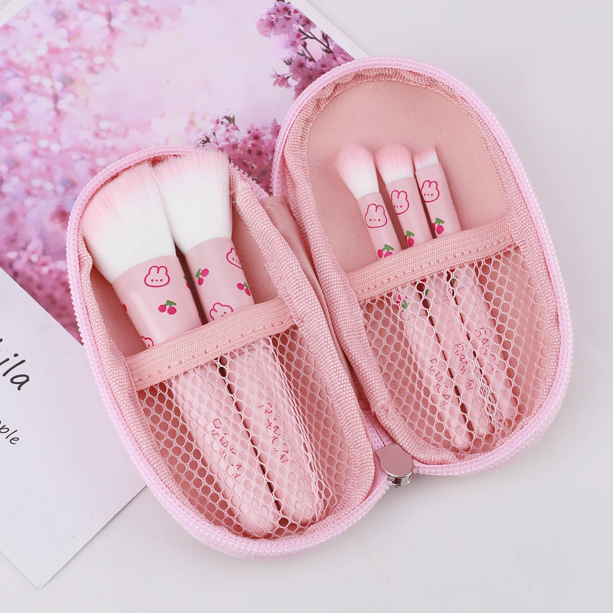 5-teiliges niedliches, kompaktes Make-up-Pinselset mit Etui, hochwertige Pinsel für makellose Foundation, Rouge und Lidschatten-Applikation, Kosmetikwerkzeuge