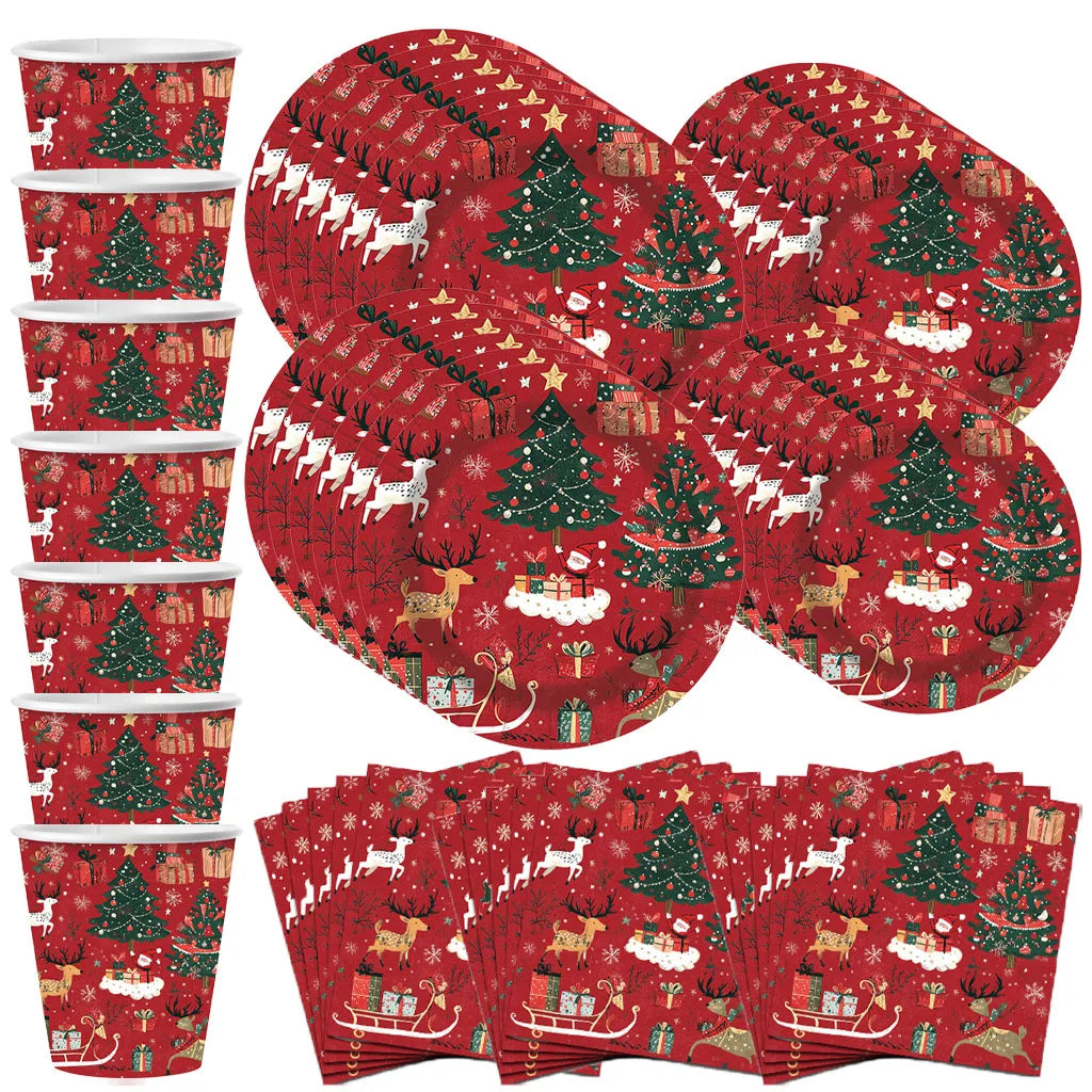Christmas Decorations Party Tableware Set Reindeer Tree Themed Disposable Paper Plates Cups Napkins New Year Holiday Supplies