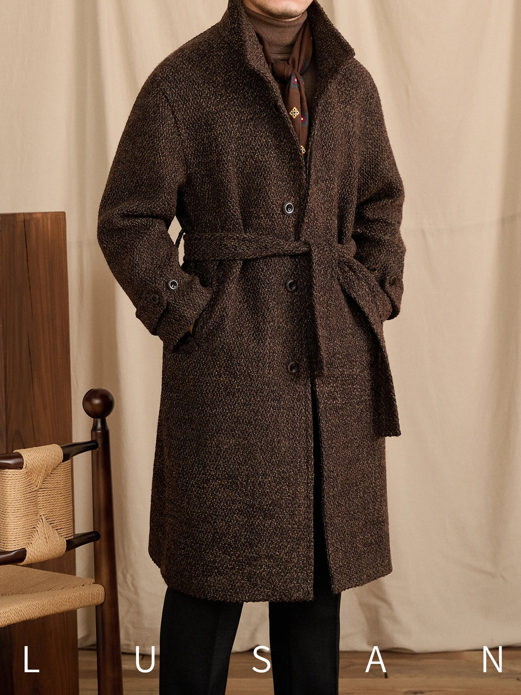 Men's Winter Warm Stand-Up Collar Long Coat 70% Wool Mid-Length Loop Commuting Coat for Business Casual