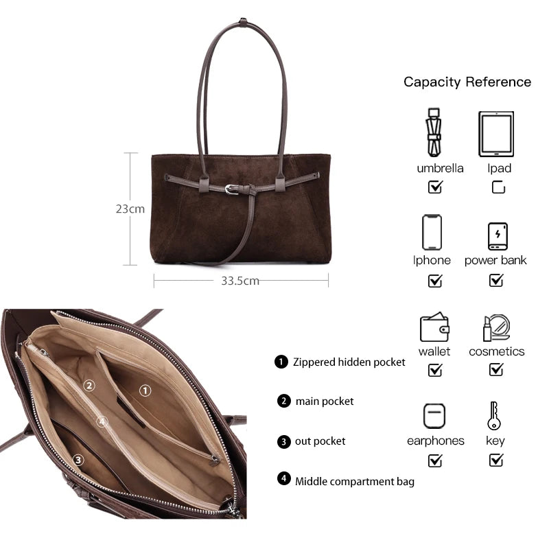 Matte Suede Women's Bag 2026 Luxury Brand Cow Leather Tote Handbags Large Capacity Commuter Shopper Soft Cowhide Underarm Bags