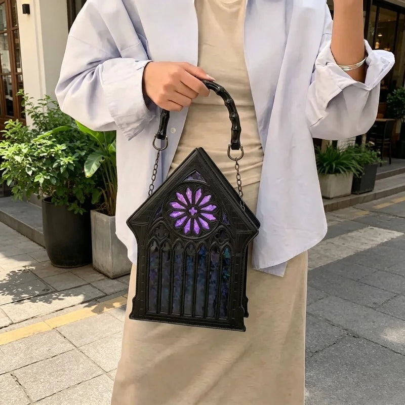 Gothic Cathedral Rose Window Handbag PU Leather Crossbody Bag Bamboo Handle Detachable Strap for Punk Lolita & Halloween Cosplay