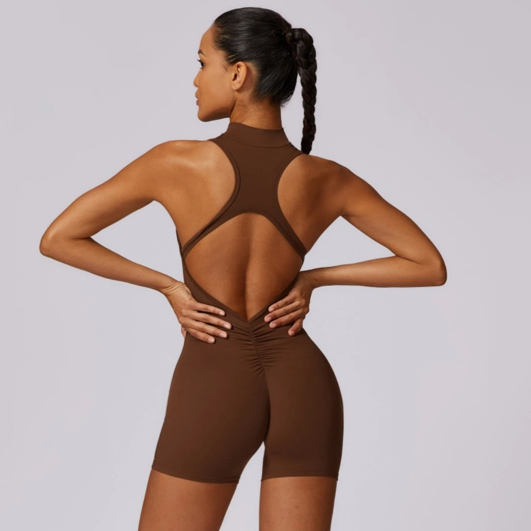 Tuta sportiva corta donna, schiena scoperta, zip
