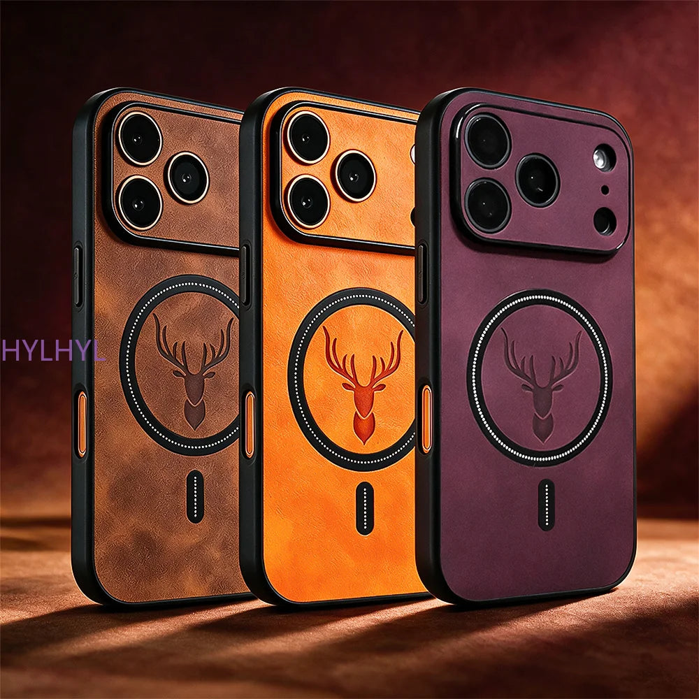 Luxury PU Leather Deer Magnetic Phone Case For iPhone 18 17 16 15 14 13 12 11 Pro Max Plus 16E For Magsafe Shockproof Back Cover