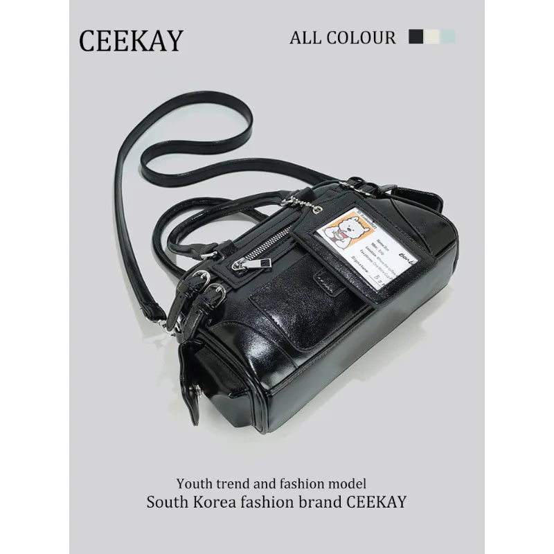 2026 New CEEKAY Boston Bag, Patent Leather Handbag with Card Holder Pendant, Casual Shoulder Bag for Women Casual Crossbody Bag