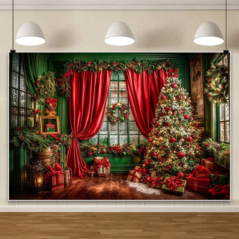 Yeele Christmas Photography Background Red Curtains Wreath Decor Window Xmas Trees Girls Birthday Wedding Party Photo Backdrop