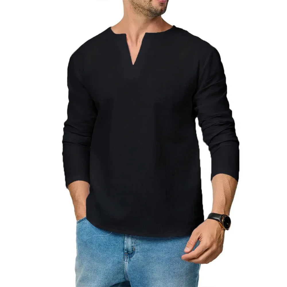 Cotton Linen T-shirt for Men Long Sleeve Breathable V-neck Tops Casual Slim Fit Solid Color Lightweight Male Cozy Tees