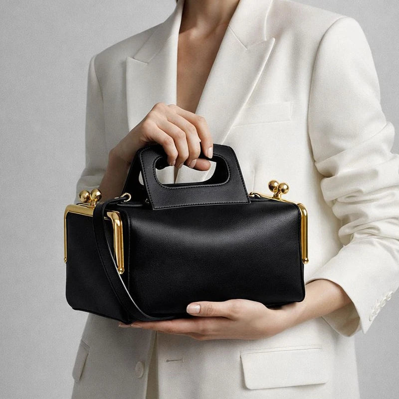 Alirattan 2026 New Arrival Women Black Retro Handle Handbag, Luxury Designer Gold Hardware Structured Shoulder Crossbody Bag