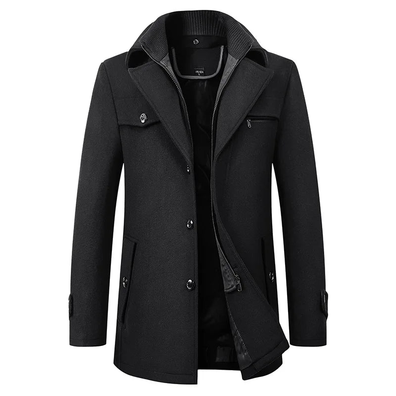 2026 Autumn Winter Men's Double Collar Woolen Coat Medium Length Style Casual Cotton Thickened Warm Outdoor Pure Color Coat