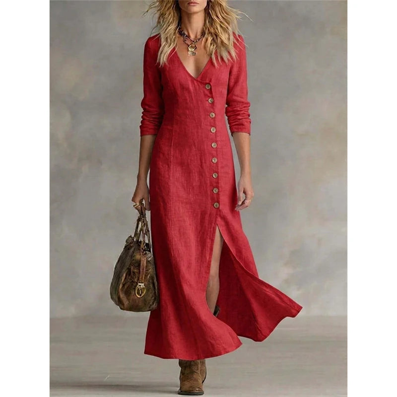 Abito midi con scollo a V e bottoni