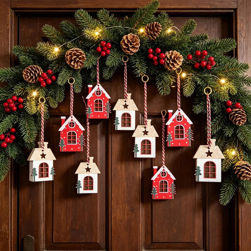 8Pcs Mini Christmas Wooden House Ornaments Red White Xmas Tree Hanging Pendants Decorations for Home Holiday Party Decor Gift