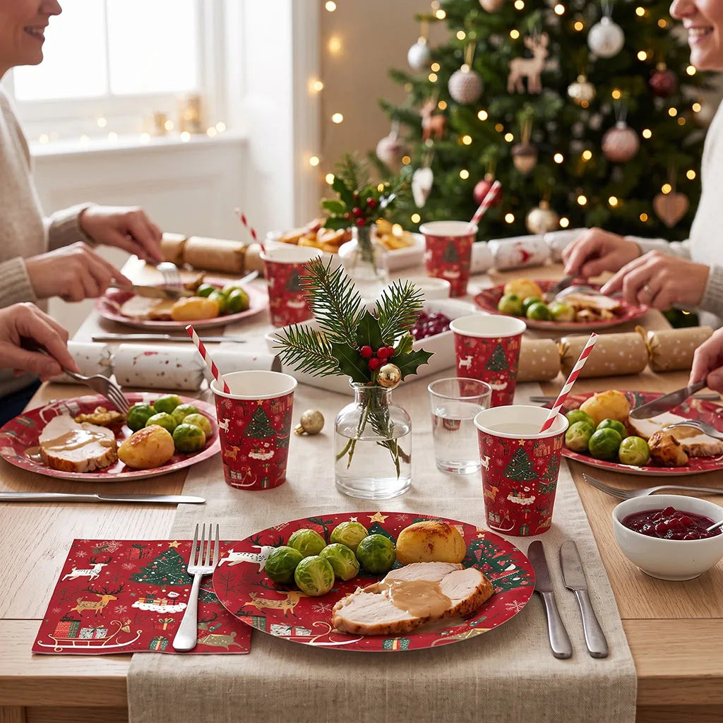 Christmas Decorations Party Tableware Set Reindeer Tree Themed Disposable Paper Plates Cups Napkins New Year Holiday Supplies