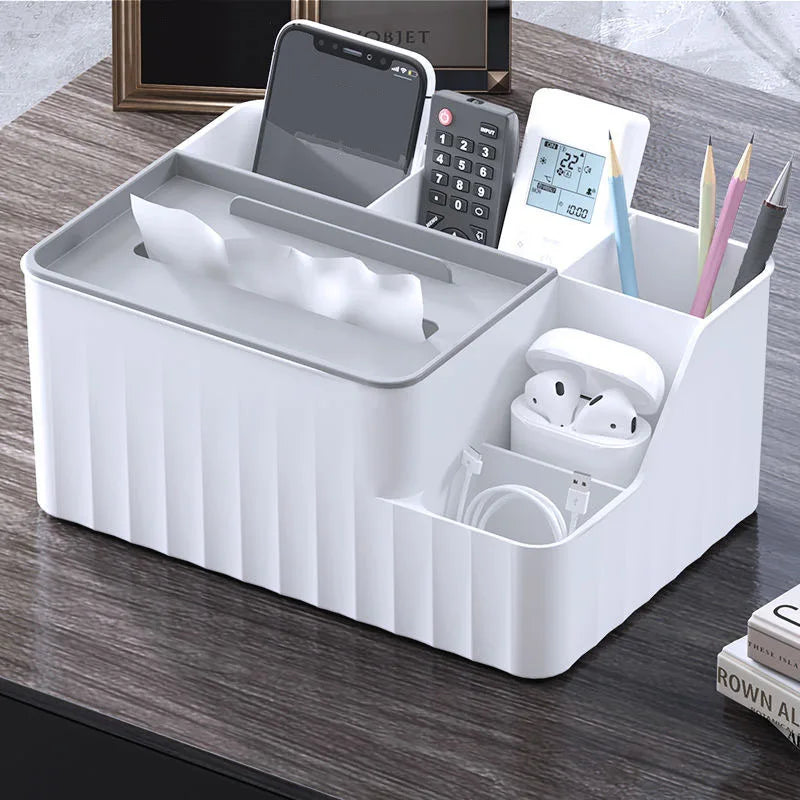 Organiseur de bureau à 6 compartiments - Boîte à mouchoirs multifonction avec porte-télécommande, rangement en plastique pour salon, cuisine et bureau