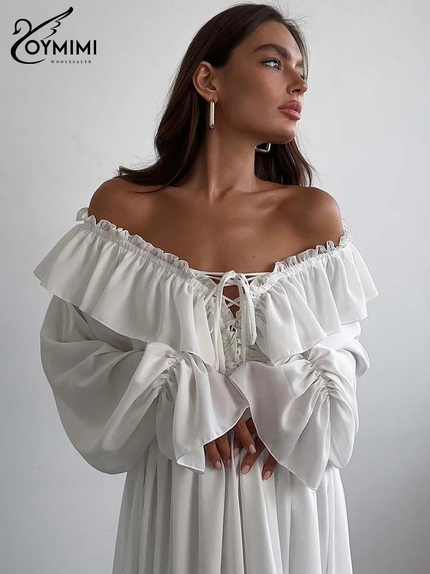 Abito bianco da donna con scollo a V e maniche lunghe