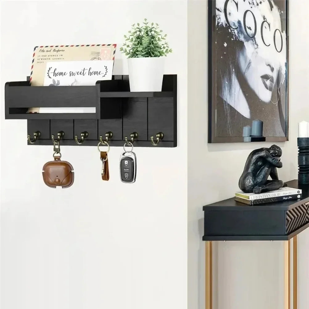 Wall-Mounted Wooden Key and Mail Holder with 6 Hooks