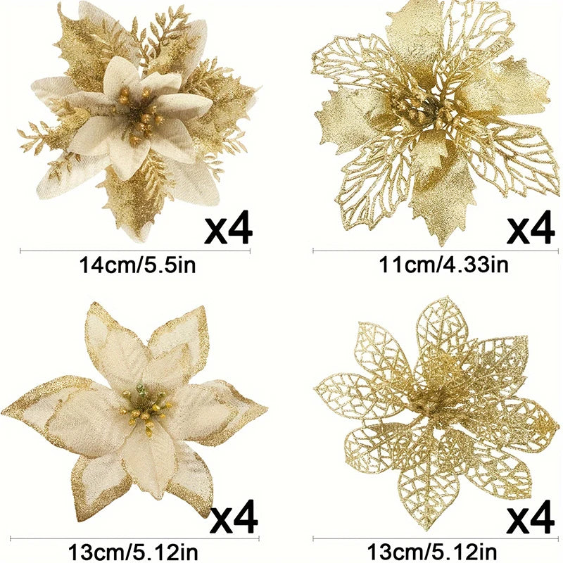 8/16Pcs Christmas Decorations Glitter Artifical Flowers Christmas Tree Ornaments for Home Decor Fake Flower Xmas New Year Gifts