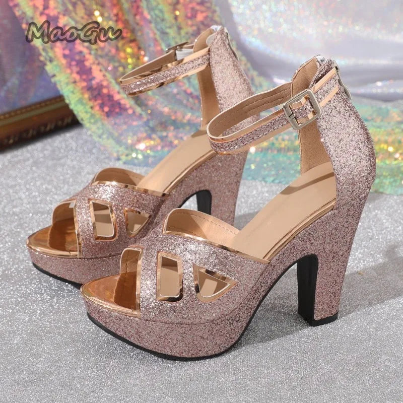Nuevas sandalias de plataforma rosas con purpurina, puntera abierta, tira al tobillo y tacón ancho; zapatos de fiesta para mujer con diseño calado brillante, tipo salón, para vestir