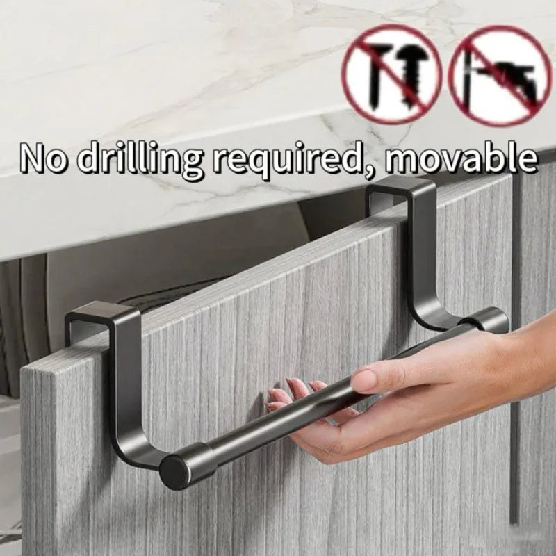 No Drill Hanging Towel Rack for Kitchen - Over Cabinet Door Storage Organizer for Dishcloth Gloves Sponge Holder