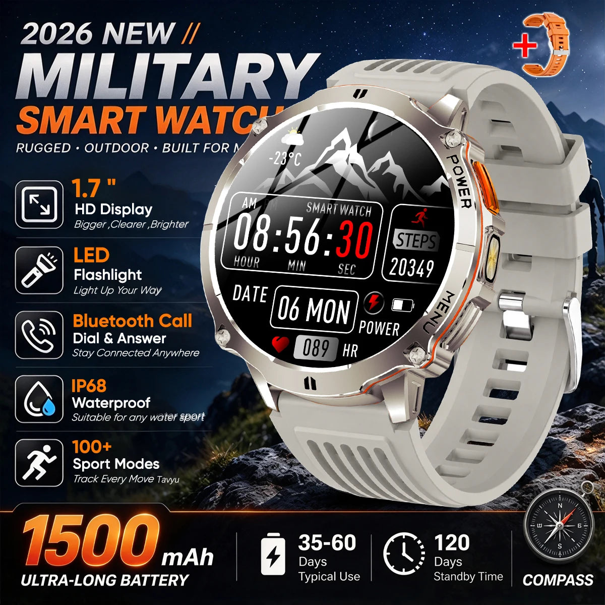 Military T-Rx6 Smartwatch,1.7'AMOLED Screen,150 Day Battery,IP68 Waterproof,Metal,120 Fitness Modes,Flashlight,For Men Women New