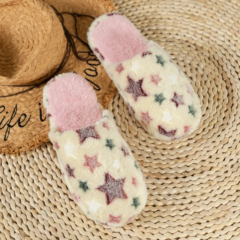 Chaussons d’intérieur doux pour femme à étoiles à cinq branches, modèle pour couple, chaudes en peluche pour l’hiver, chambre, adultes, confortables et silencieux, sandales plates en peluche
