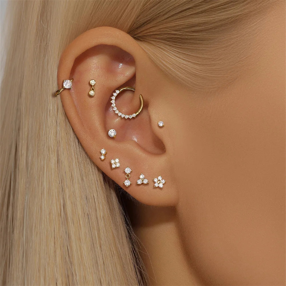 AIDE Real 14K Solid Gold Multiple Sizes Zircon Pendant Stud Earring Simple IND Piercing Ear Bone Ear Studs DIY Vintage Jewelry