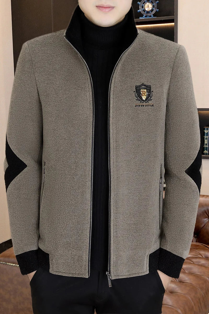 Winter Men's Woolen Jacket Splicing Stand Up Collar Wool Blends Coats Thick Warm Casual Business Social Windbreaker Overcoat