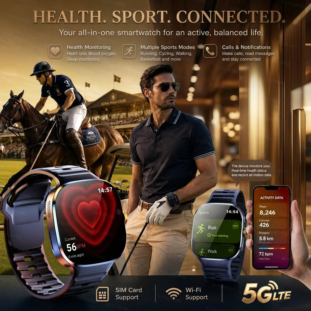 5G/4G LTE SIM Smart Watch 2.4" AMOLED 8+128GB GPS Map NFC WiFi Video Call Chat GPT Android Smart Watch Men Support Download APP