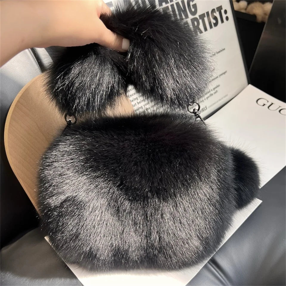 Real Fox Fur Small Square Bag Fashion Soft Plush Handbag Luxury Crossbody Shoulder Bag Fuzzy Fluffy Tote Bag For Women Purse