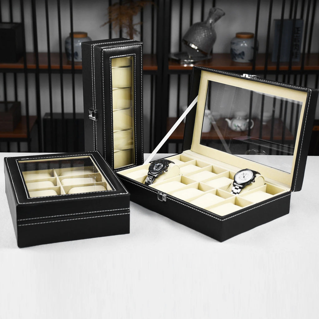 Boîtier de rangement pour 10/12 montres, présentoir en cuir PU avec couvercle en verre, vitrine à bijoux pour anniversaires et Noël