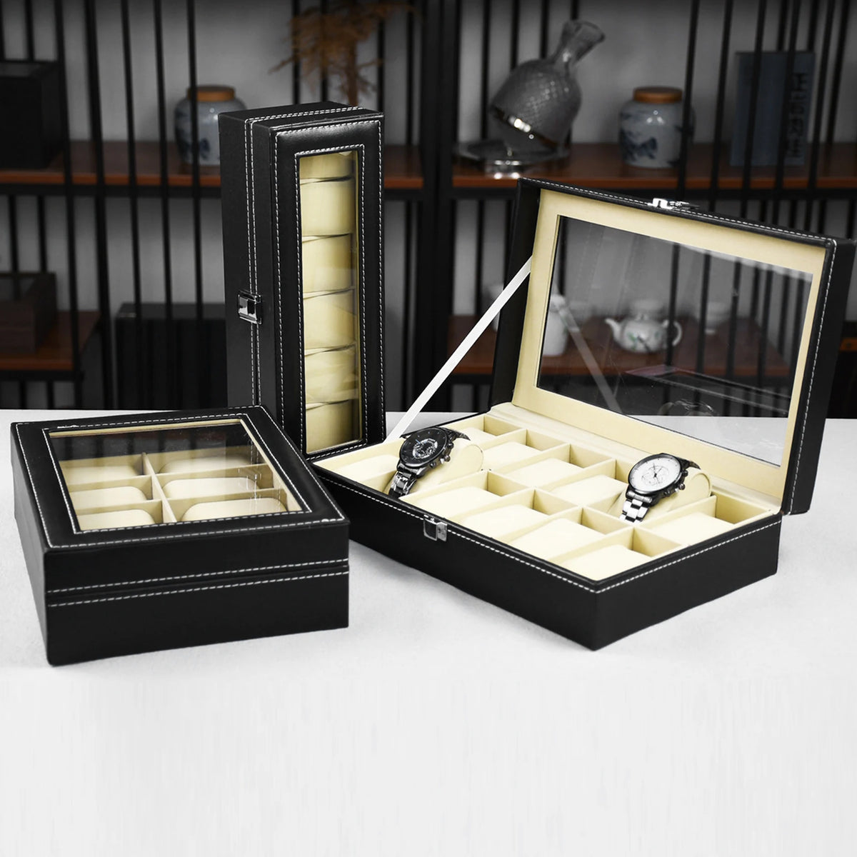 Boîtier de rangement pour 10/12 montres, présentoir en cuir PU avec couvercle en verre, vitrine à bijoux pour anniversaires et Noël