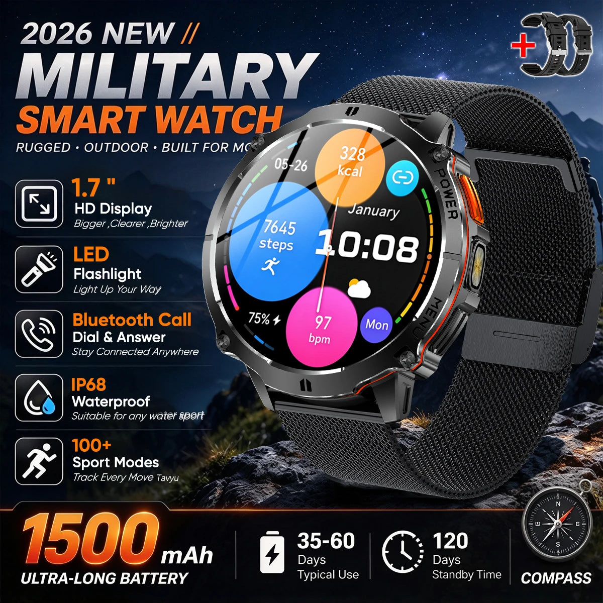 Military T-Rx6 Smartwatch,1.7'AMOLED Screen,150 Day Battery,IP68 Waterproof,Metal,120 Fitness Modes,Flashlight,For Men Women New