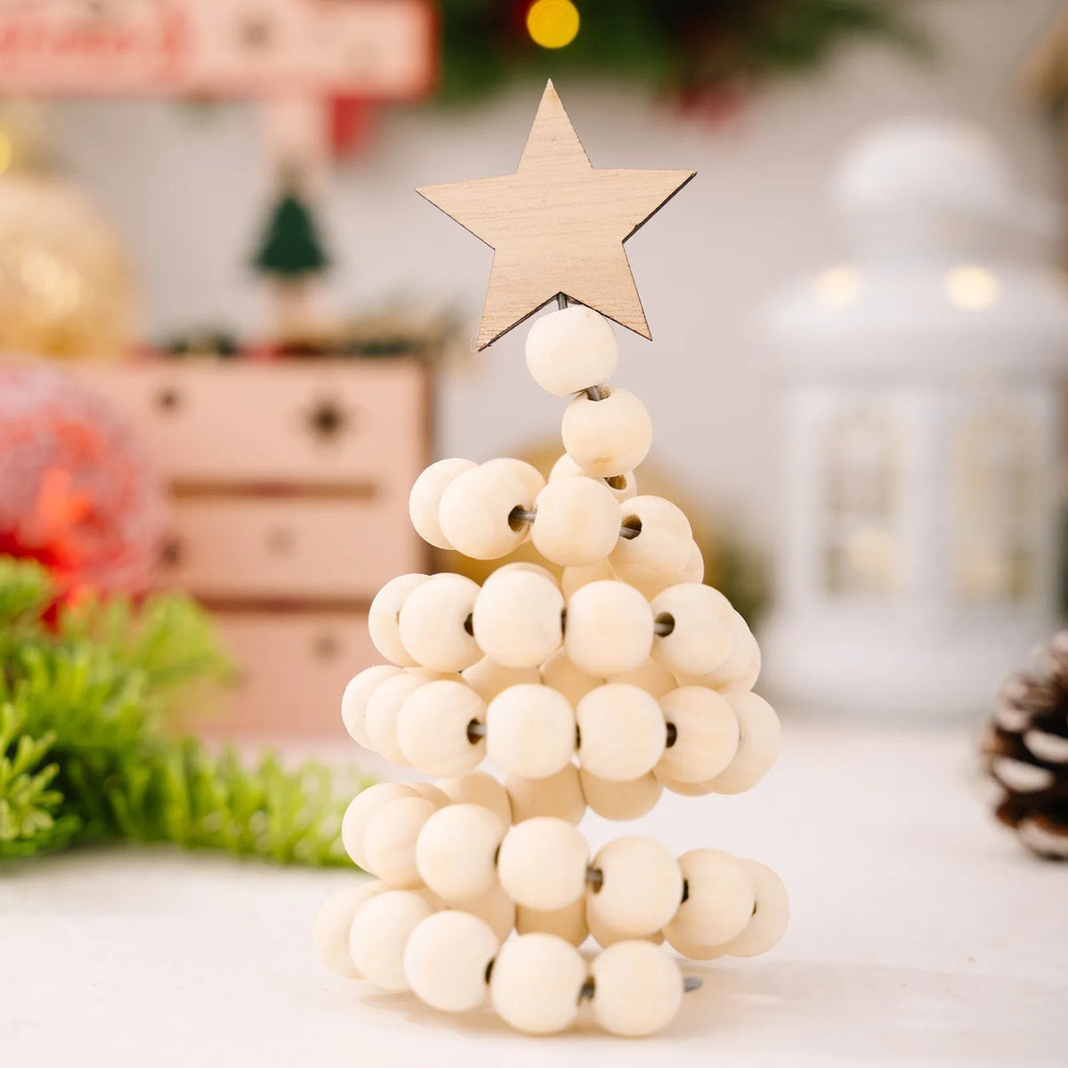 Adornos de decoración navideña, árbol de Navidad creativo de gama alta con cuentas de madera nórdicas, adorno de escritorio, árbol de Navidad artificial