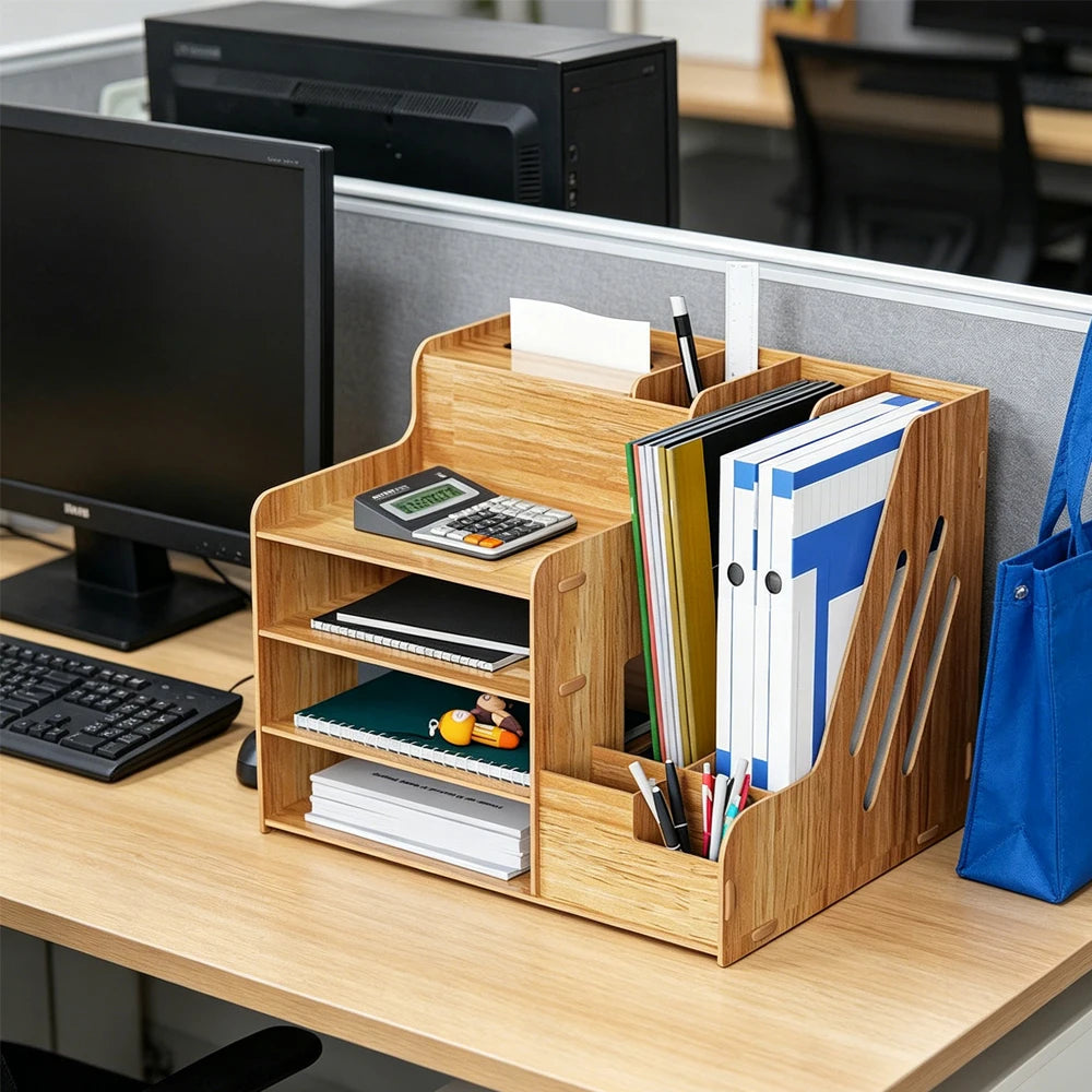 Wooden Desktop Organizer with Drawer and Compartments