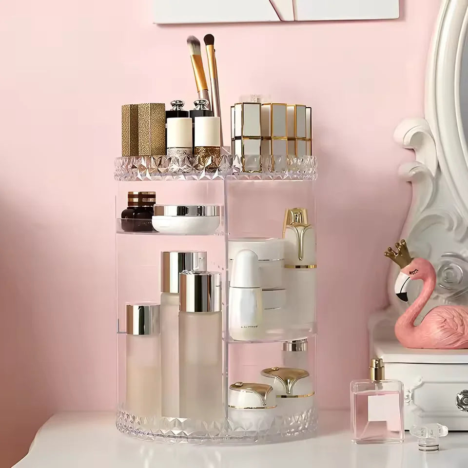 3-stöckiger Kosmetik-Organizer, drehbar um 360°, große Kosmetik-Aufbewahrungsbox mit Sichtfenster fürs Badezimmer