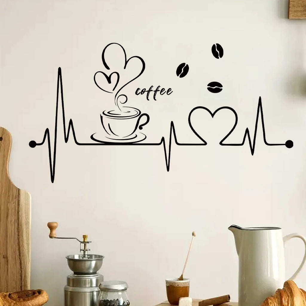 1 Stück PVC-Wandaufkleber, abnehmbar, für Wohnzimmerdekoration, Schlafzimmer, Café, „Liebe Kaffee“-EKG-Muster, Wanddekal, Küchendekoration