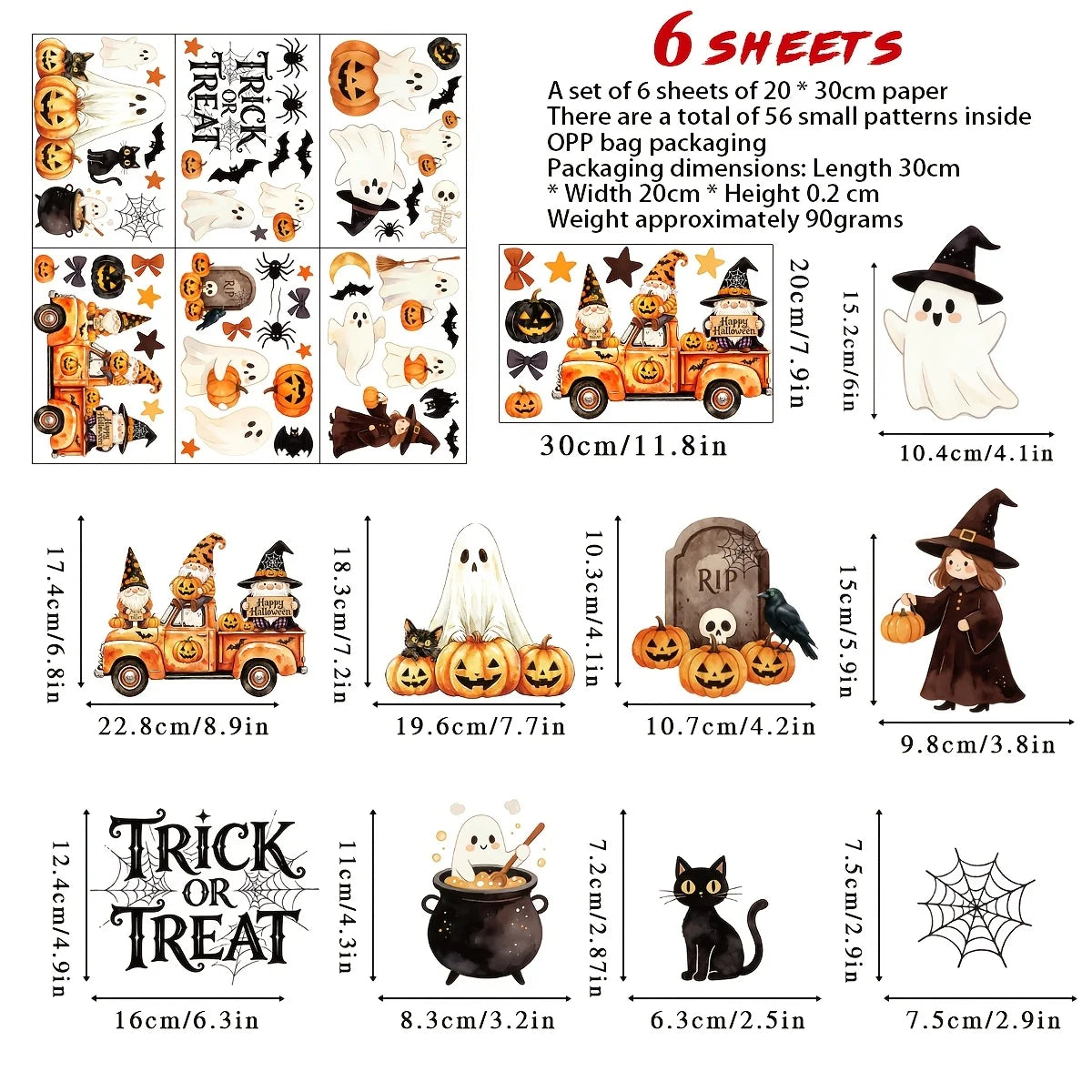 Adhesivos para ventanas de Halloween, decoraciones de Halloween, pegatinas decorativas de otoño para interiores | 6 hojas de adhesivos grandes para ventanas con fantasmas y calabazas