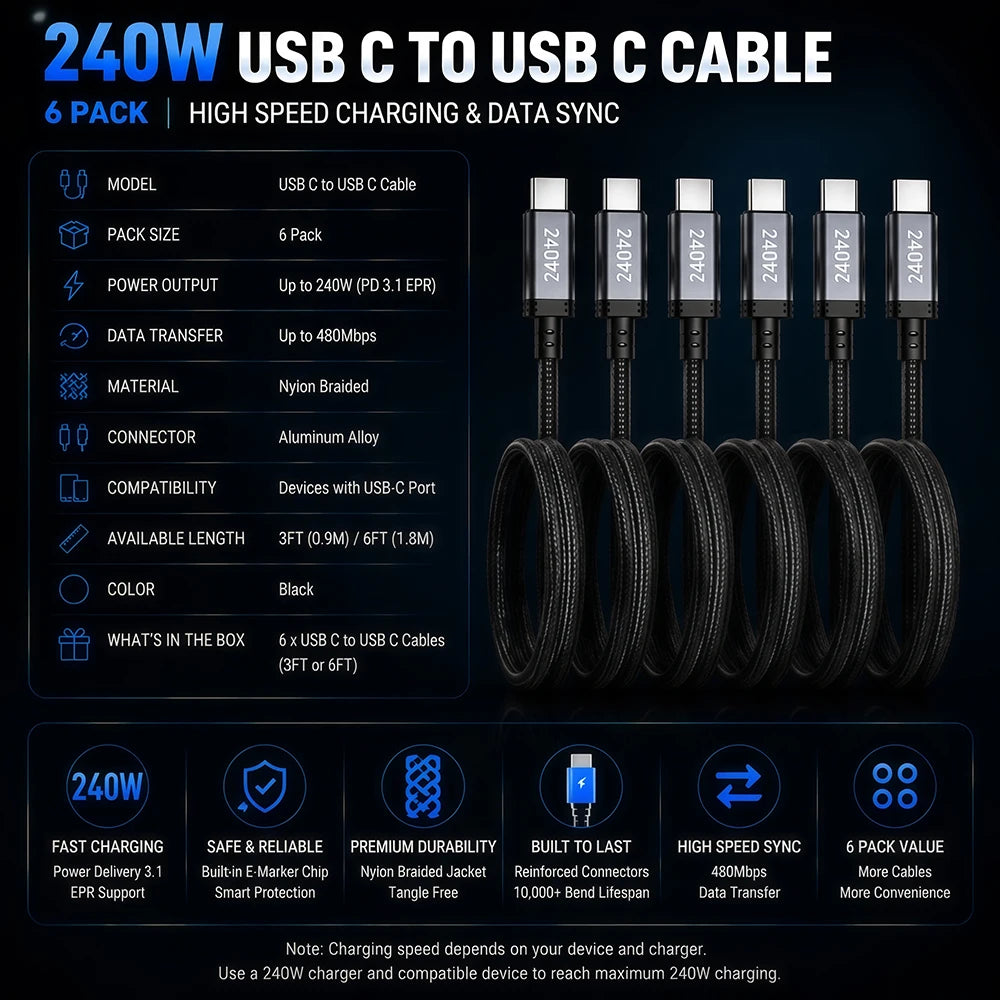 Vyvylabs 6Pack 240W Braided USB C to USB C Cable Fast Charging for iPhone 17 16 15 Pro Plus Max for Galaxy S25 S24 for iPad MacBook