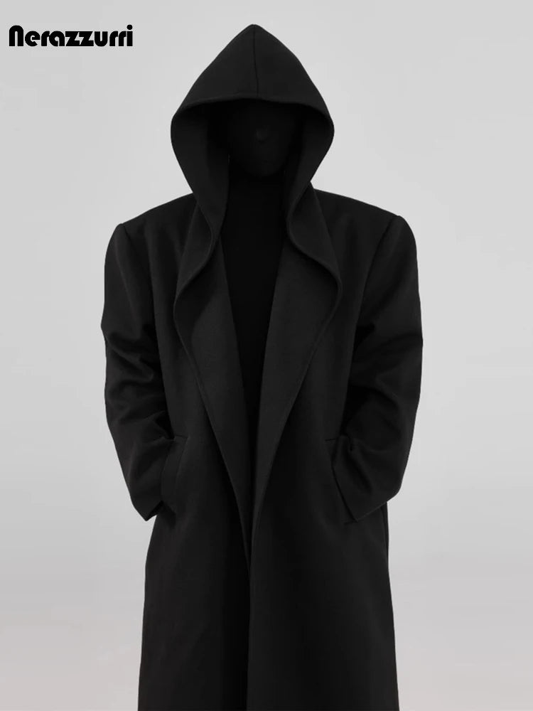 Nerazzurri Autumn Winter Extra Long Warm Black Soft Wool Blends Coat Men with Hood Luxury Woolen Overcoat Dark Academia Clothes