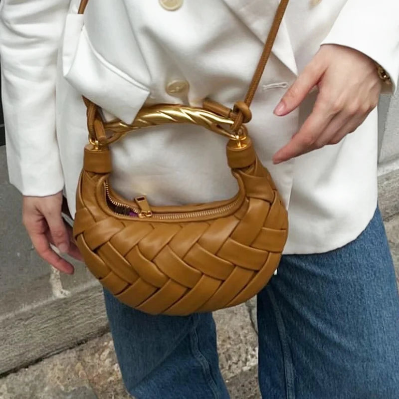 Vintage Faux Suede Hand-Woven Bags For Women Luxury Designer Handbags Purses 2025 New In Metal Top Handle Cross-Woven  Shoulder