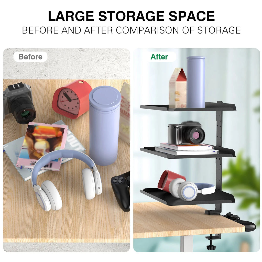 Clamp-On 3-Tier Steel Desk Organizer with Headphone Hook