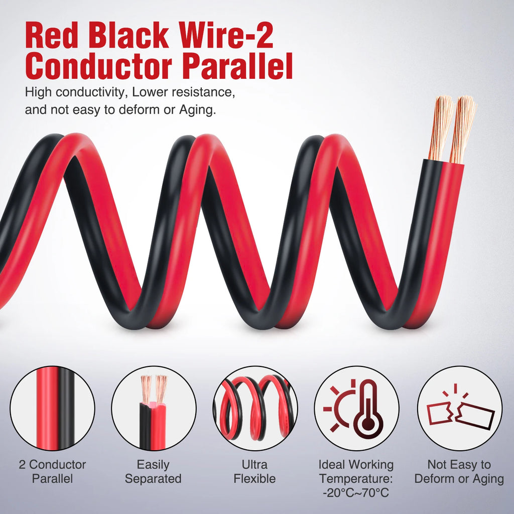Nilight 100FT 12/14/16/18AWG Copper Clad Aluminum Wire Gauge Red Black CCA Electrical Cable 2 Conductor Parallel 12V/24V DC Flexible Extension Cords for Car Audio Radio Speaker Amplifier, Automotive Battery Cable for Subwoofe