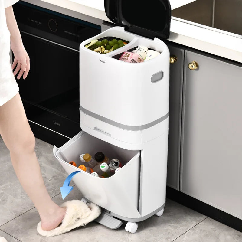 2025 Nuevo cubo de basura doméstico de alta gama para cocina de 18/26/42 L con separación de residuos húmedos y secos, con ruedas universales y cajón para clasificación de desechos