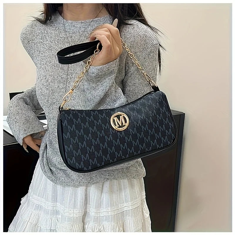 French-Style Retro Underarm Bag for Women, New Model with Letter Print, Small Square Crossbody Bag with Chain, Single Shoulder Handbag, Perfect for Ladies, Adjustable Crossbody Strap with m Logo - Zip Closure Shoulder Bag, Su