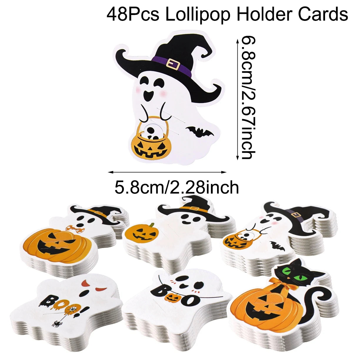 48pcs Halloween Lollipop Holder Cards Cute Pumpkin Ghost Pattern for Birthday Halloween Party Decoration DIY Gifts Supplies