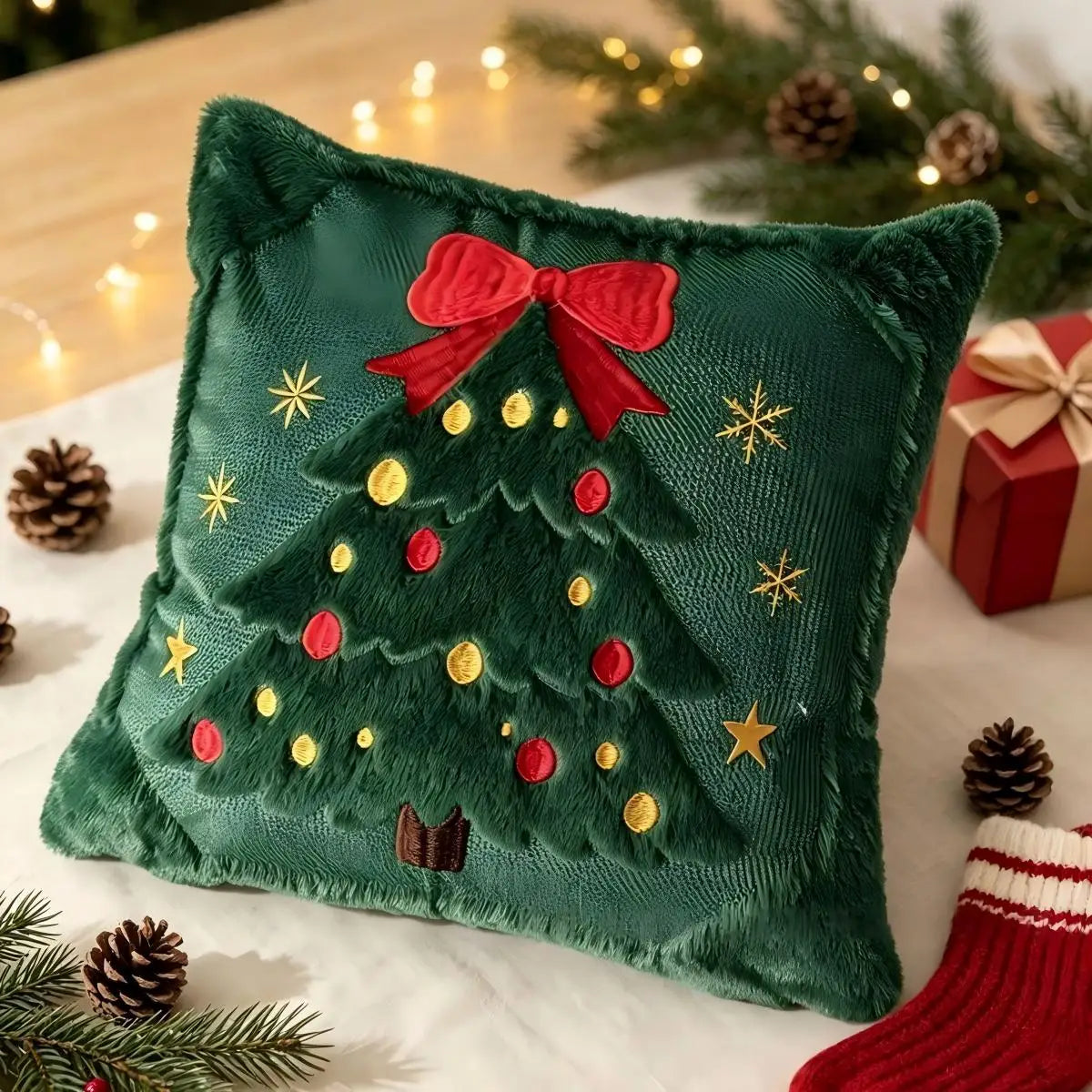 3D Christmas Tree Throw Pillow Covers Faux Plush Embroidered Xmas Tree Pattern Cushion Covers Sofa Couch Home Decor